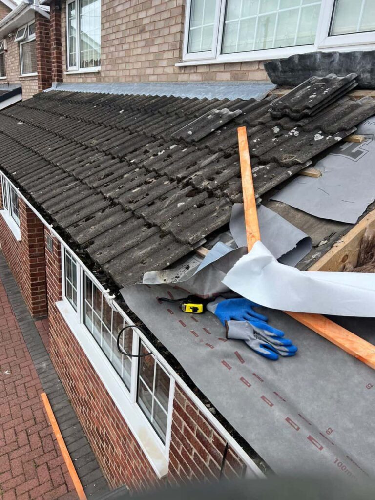 This is a photo of a pitched roof which is being repaired. The existing roof was leaking badly. Works carried out by Burton Joyce Roofing Repairs